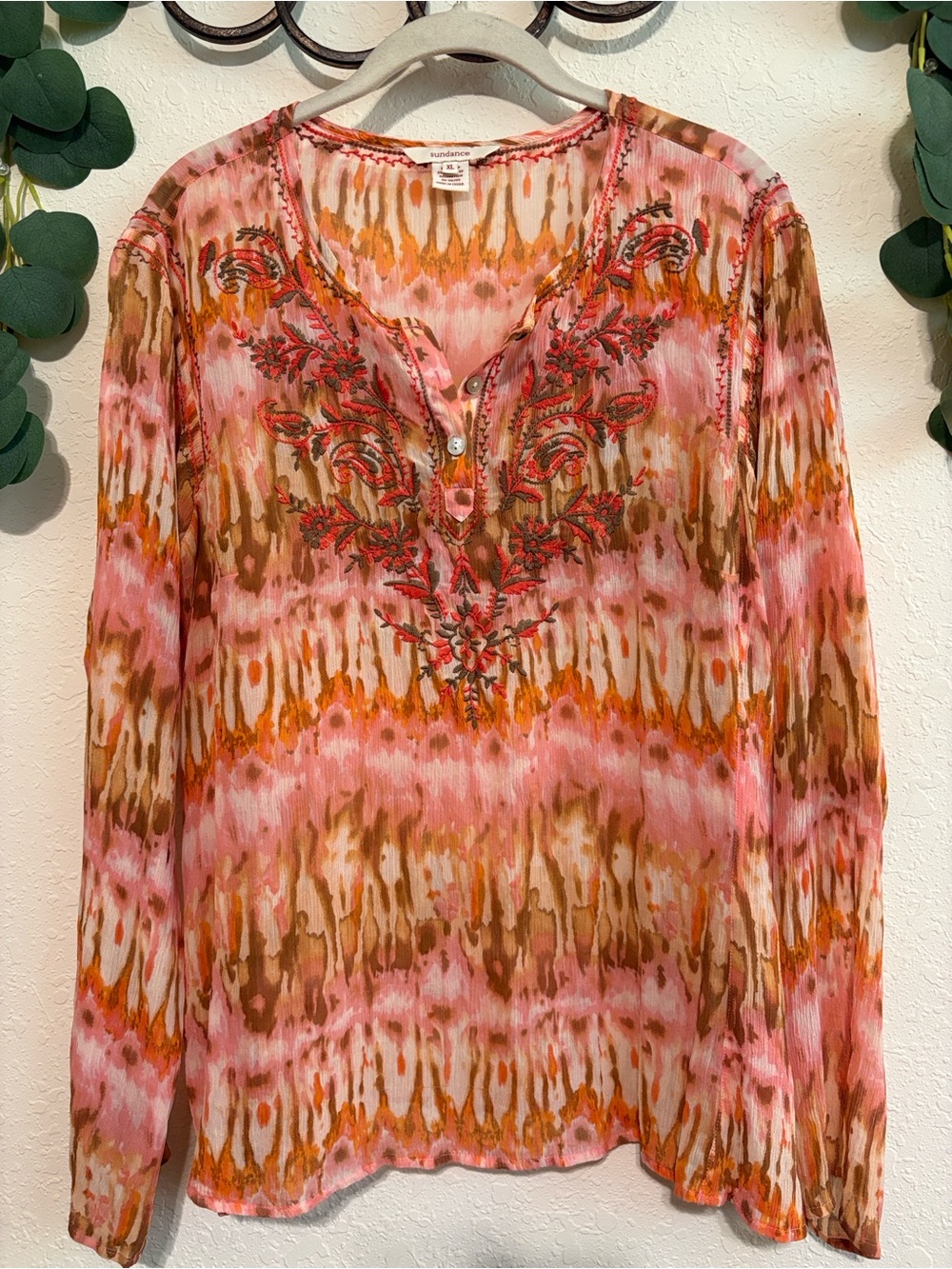 Sundance Boho Pink and Brown Tie-Dye Silk Embroidered Top✨
